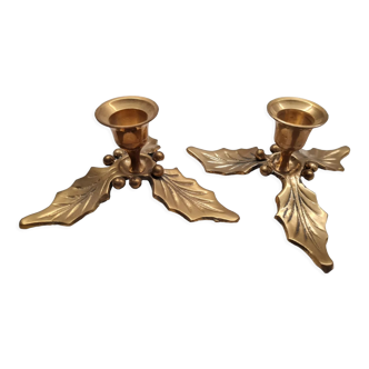 Bougeoirs vintage en laiton déco de noël houx