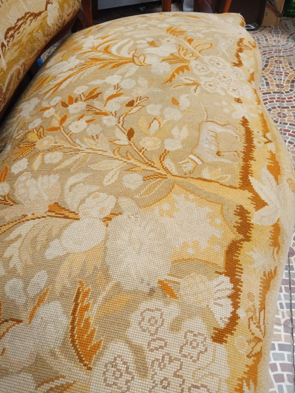 Louis XV style sofa late 19th century in walnut wood and Arras tapestry