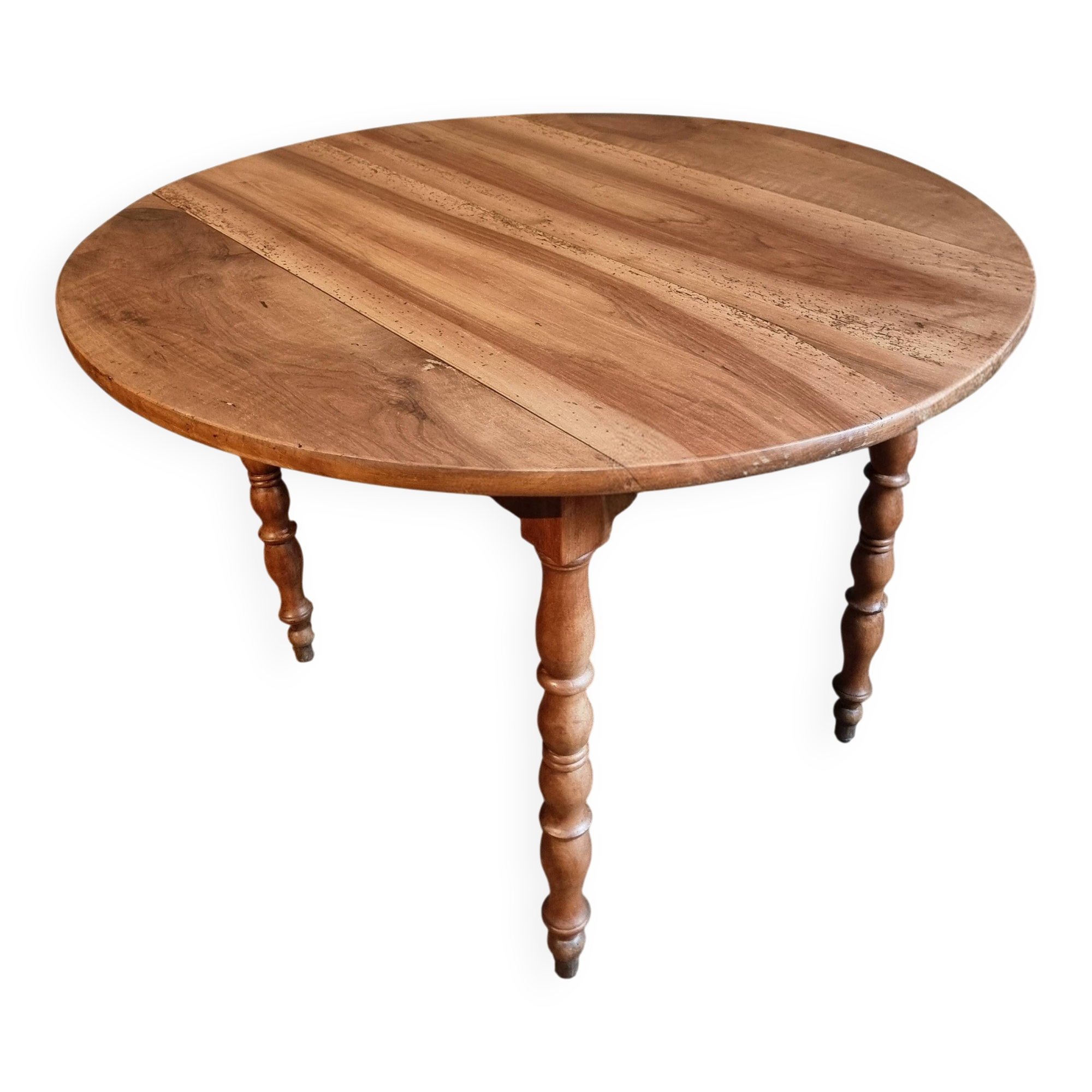 Antique walnut drop-leaf dining table – French round table 110 cm