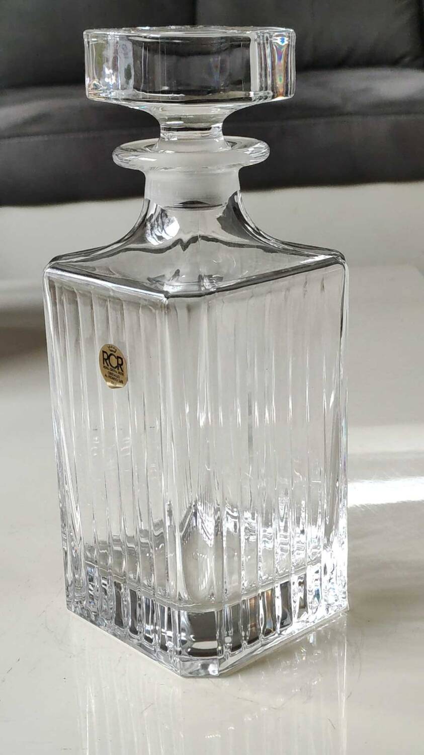 RCR/Royal Crystal Rock Square Whisky/Liqueur Decanter, Italy. Crystal. Diamond-striped/pointed patterns. Capacity 75 cl