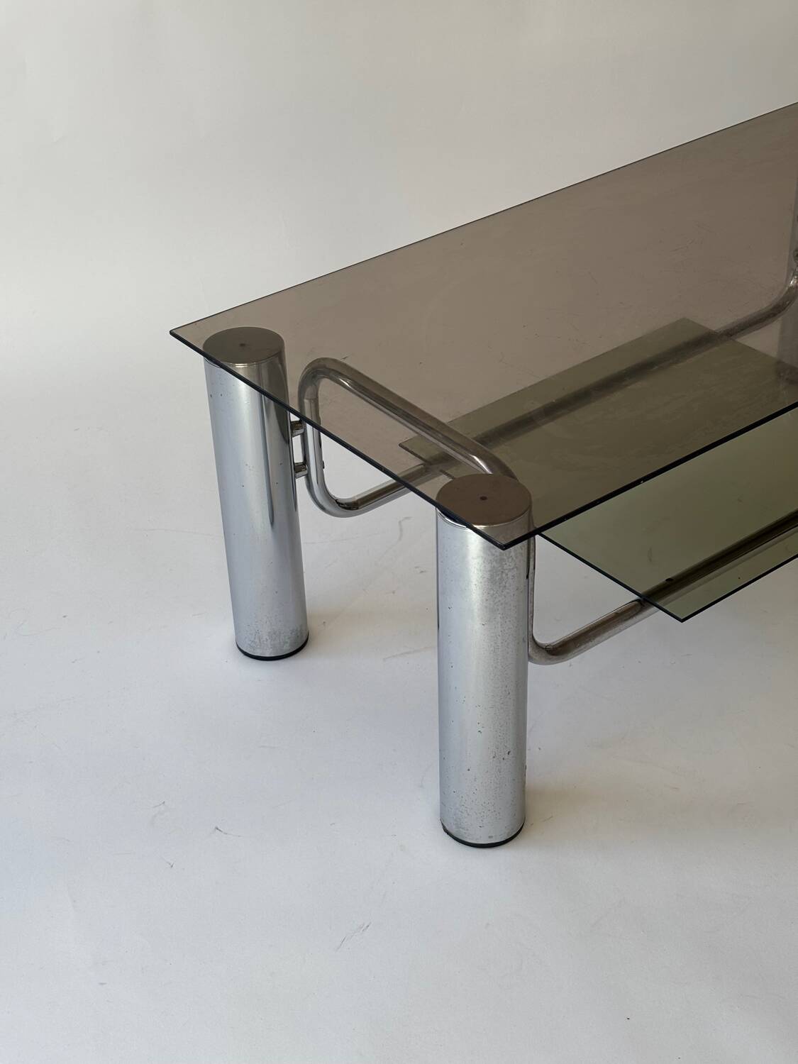 Chrome-plated metal and smoked glass coffee table, 1970