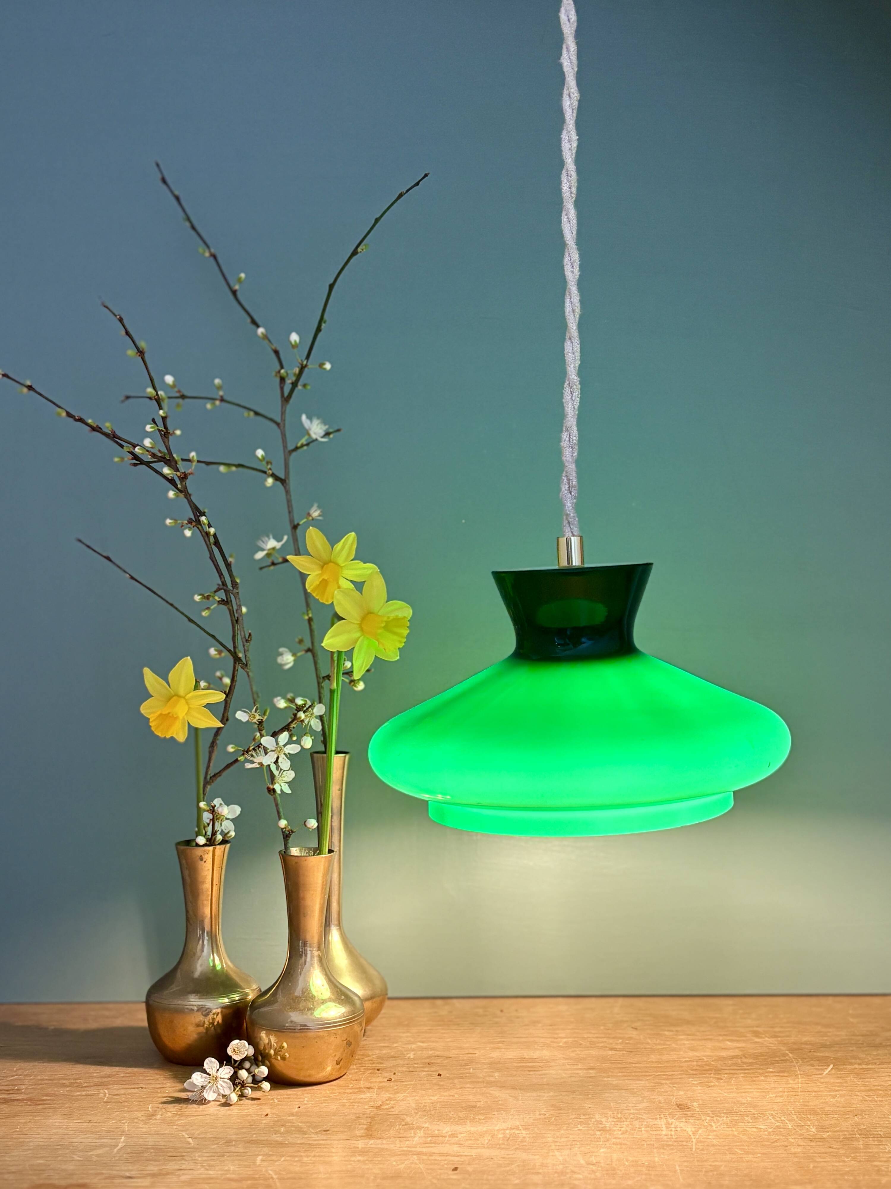 Vintage suspension lampshade in green and white opaline.