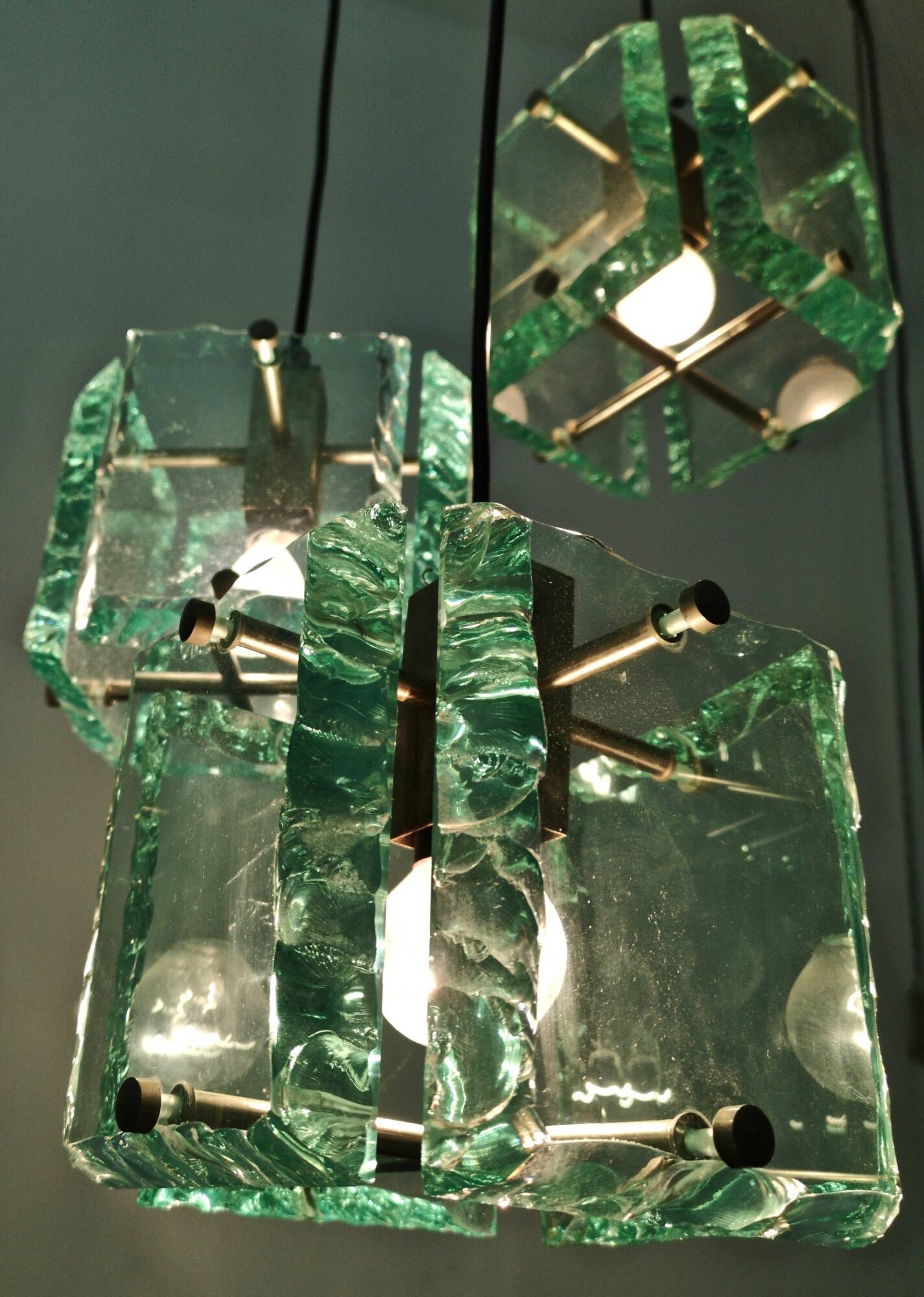 Vintage Three-Light Nile Green Glass Pendant Light by Zero Quattro, Italy