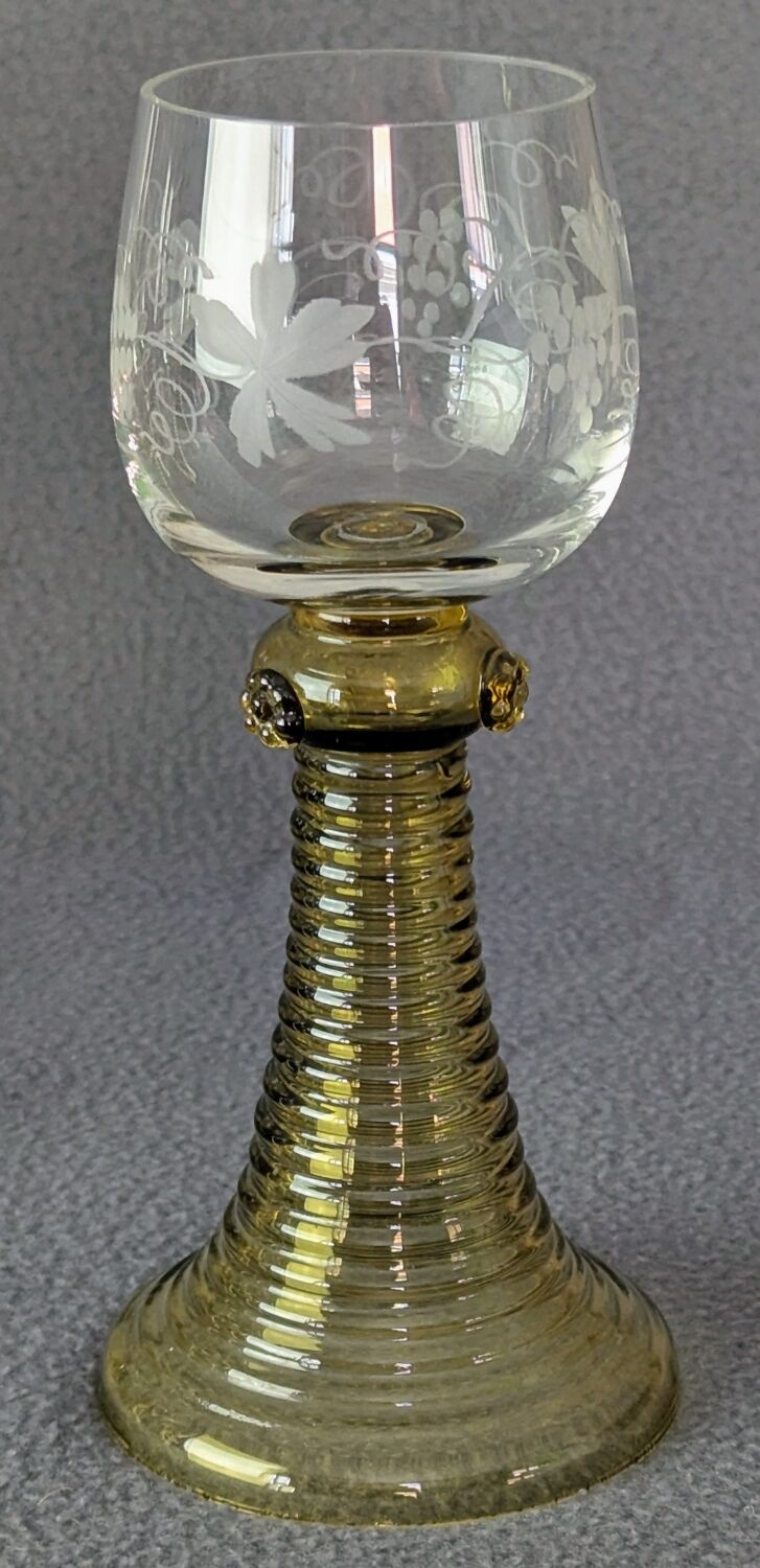 Wine glasses Roemer, Alsace, Rhine, engraved crystal and smoked glass x 5
