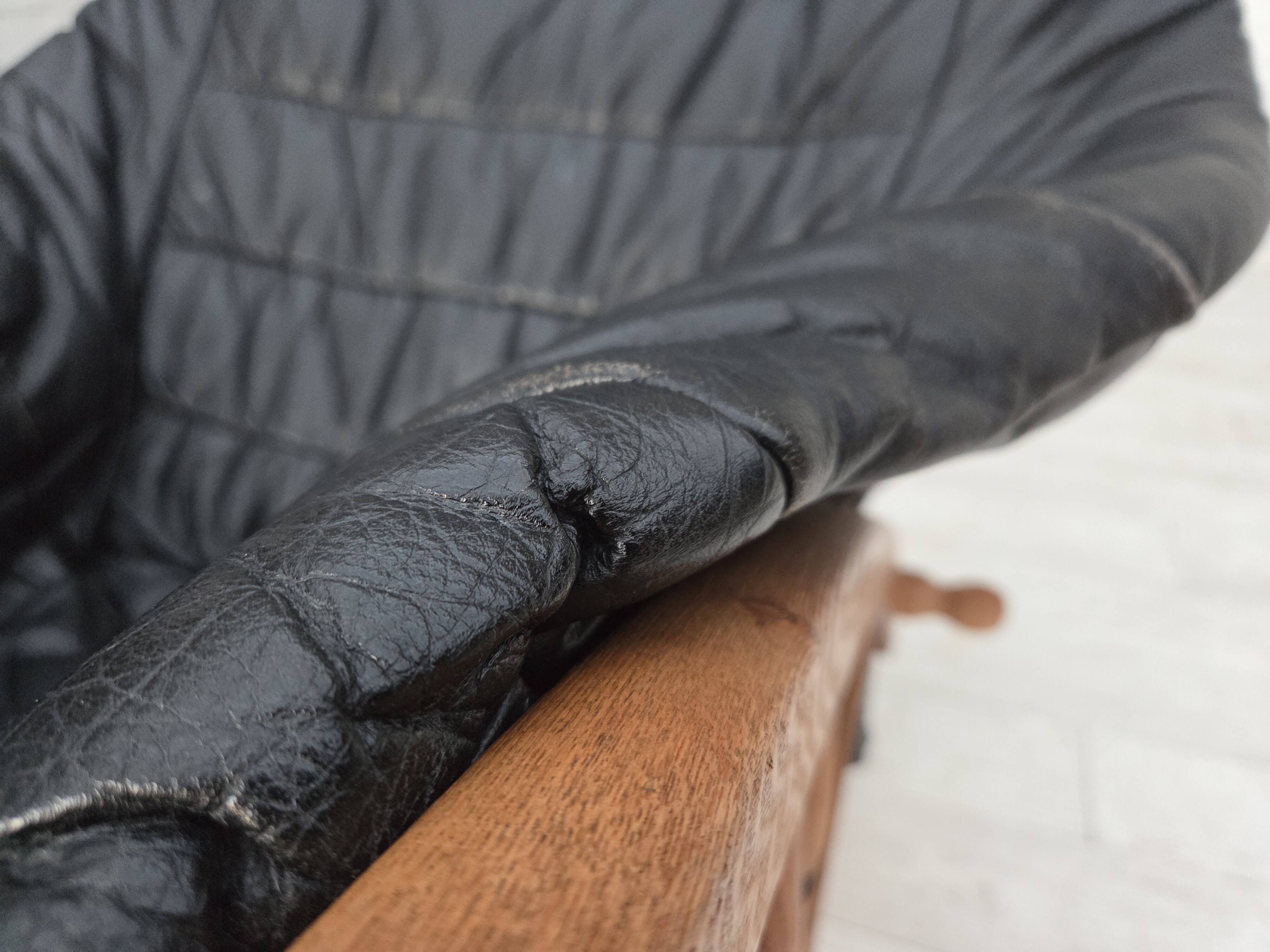 1950s, vintage adjustable armchair, black leather, ash wood.