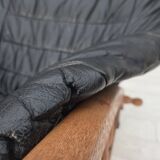 1950s, vintage adjustable armchair, black leather, ash wood.