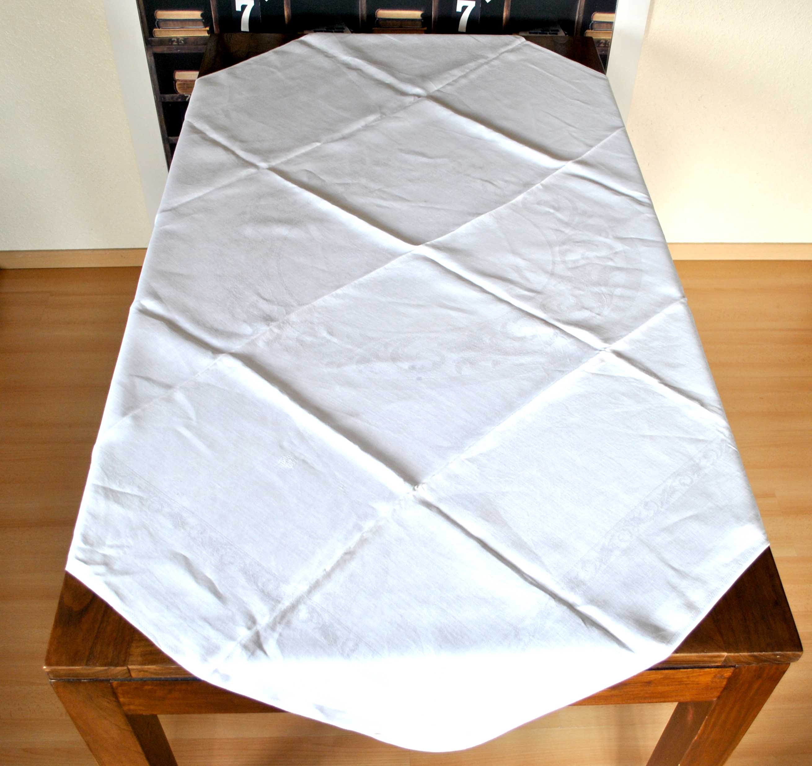 Vintage damask cotton tablecloth for round table monogram MR *D4*