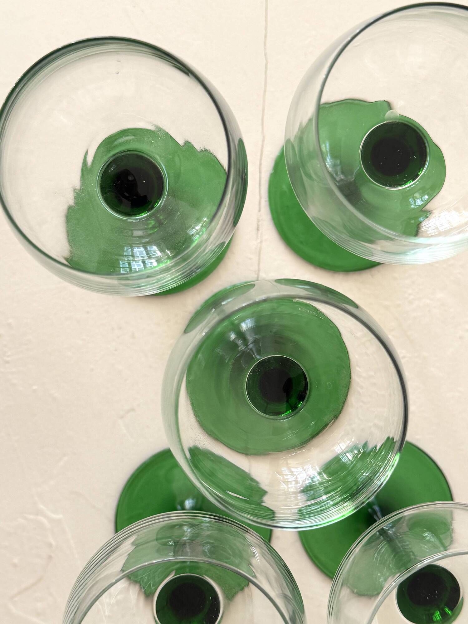 French service of green bottle glass wine glasses, Alsace 1970.