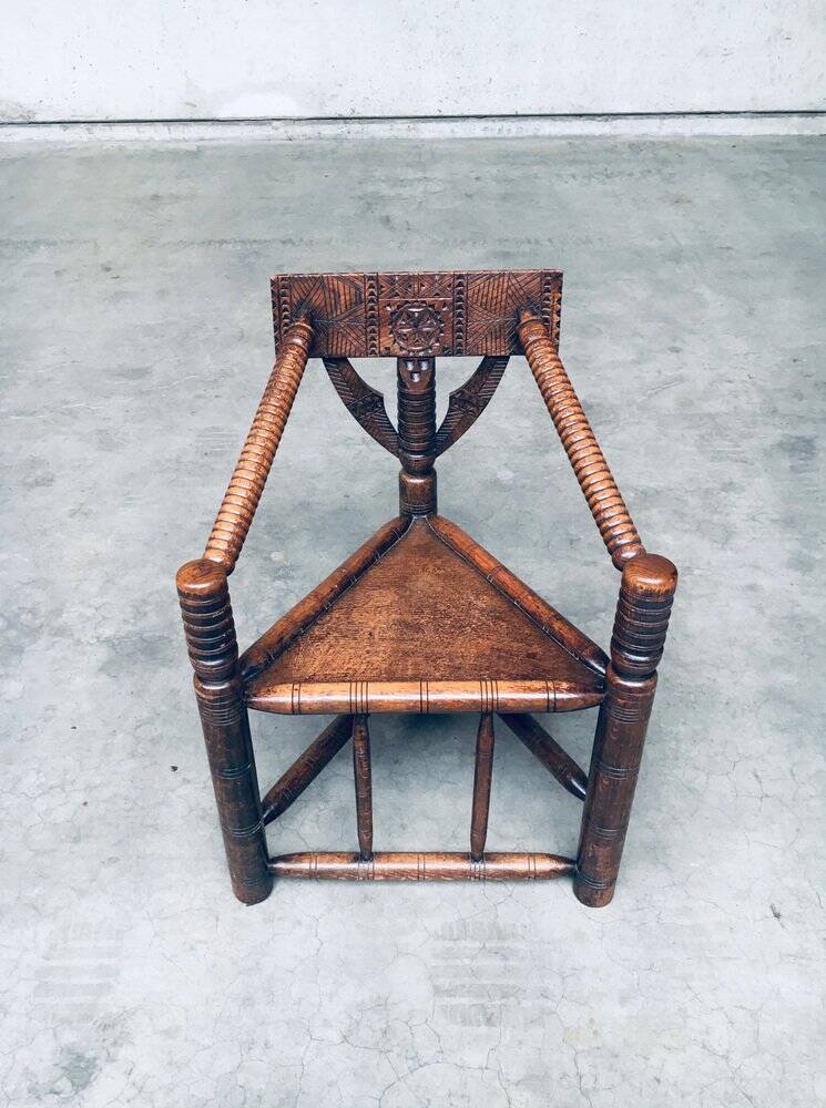 Brutalist Carved Oak Tripod Monk Chair, Sweden, 1930s