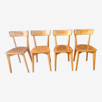 Suite de 4 chaises bistrot, bois blond, vintage années 50