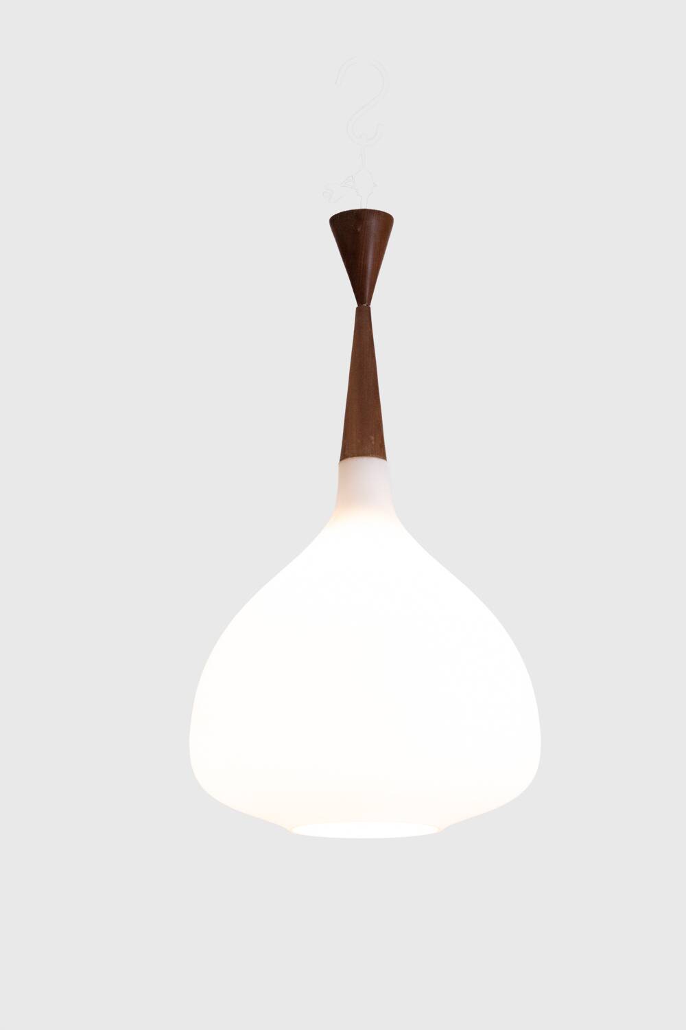 Pendant light in white opaline glass and blond mahogany. 1960s.