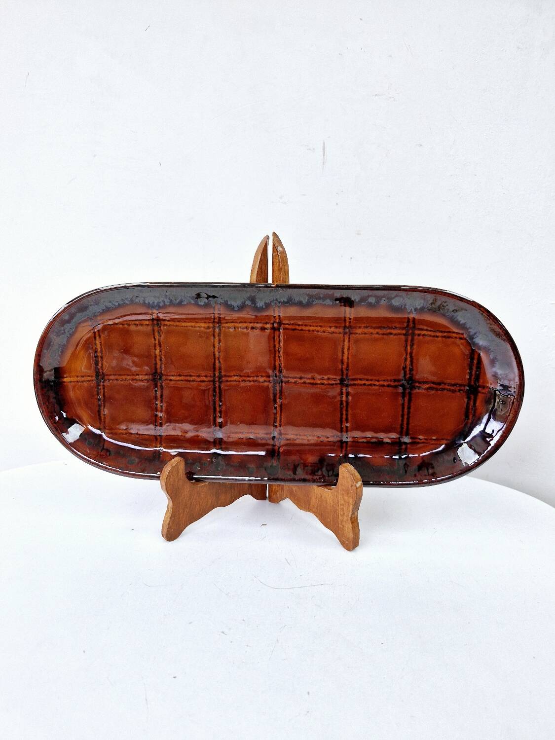 Old Oval Dish Earthenware K&G Luneville Grid Decor 37 x 15.5 cm
