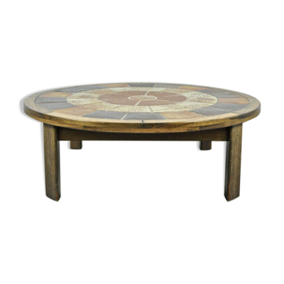 Table basse ronde danoise vintage en bois et carreaux de céramique par Tue Poulsen
