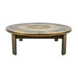 Vintage round coffee table with ceramic tiles by Danish artist TUE POULSEN,