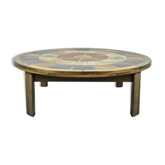 Vintage round coffee table with ceramic tiles by Danish artist TUE POULSEN,