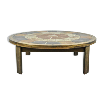 Vintage round coffee table with ceramic tiles by Danish artist TUE POULSEN,