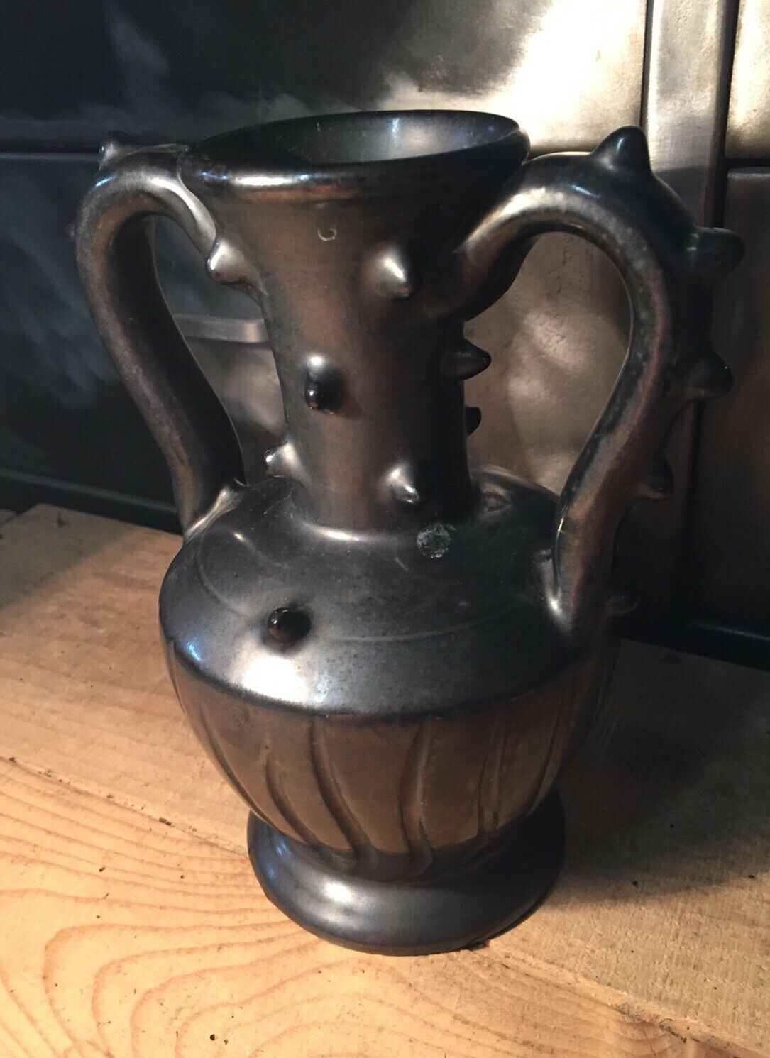 Iridescent black ceramic vase by François Caleca artisan Vallauris