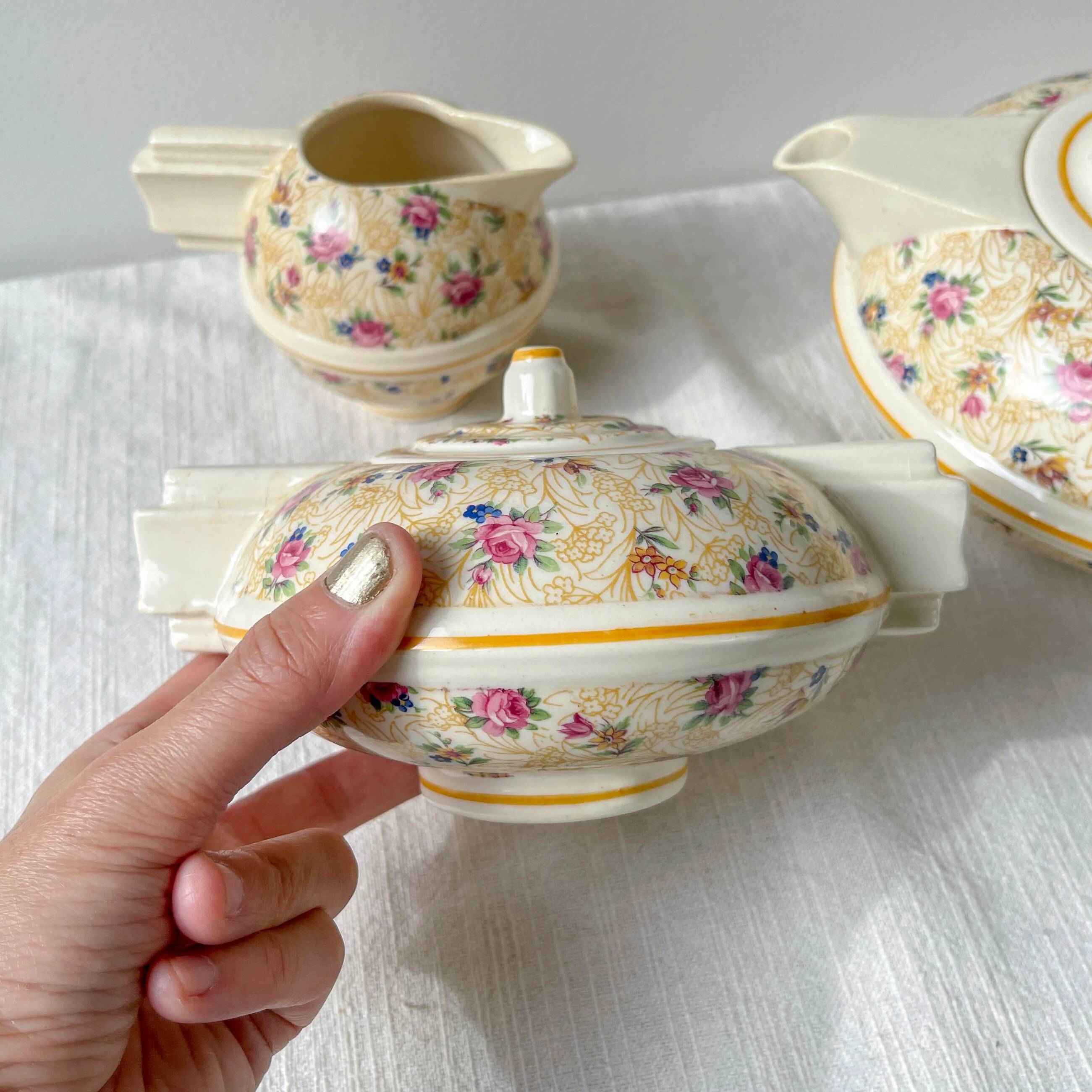 Robj Paris Coffee Tea Set with Floral Yellow Porcelain Core - Vintage Art Deco Style