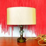 Mid century brass table lamp with silk cream oval lampshade 1960s
