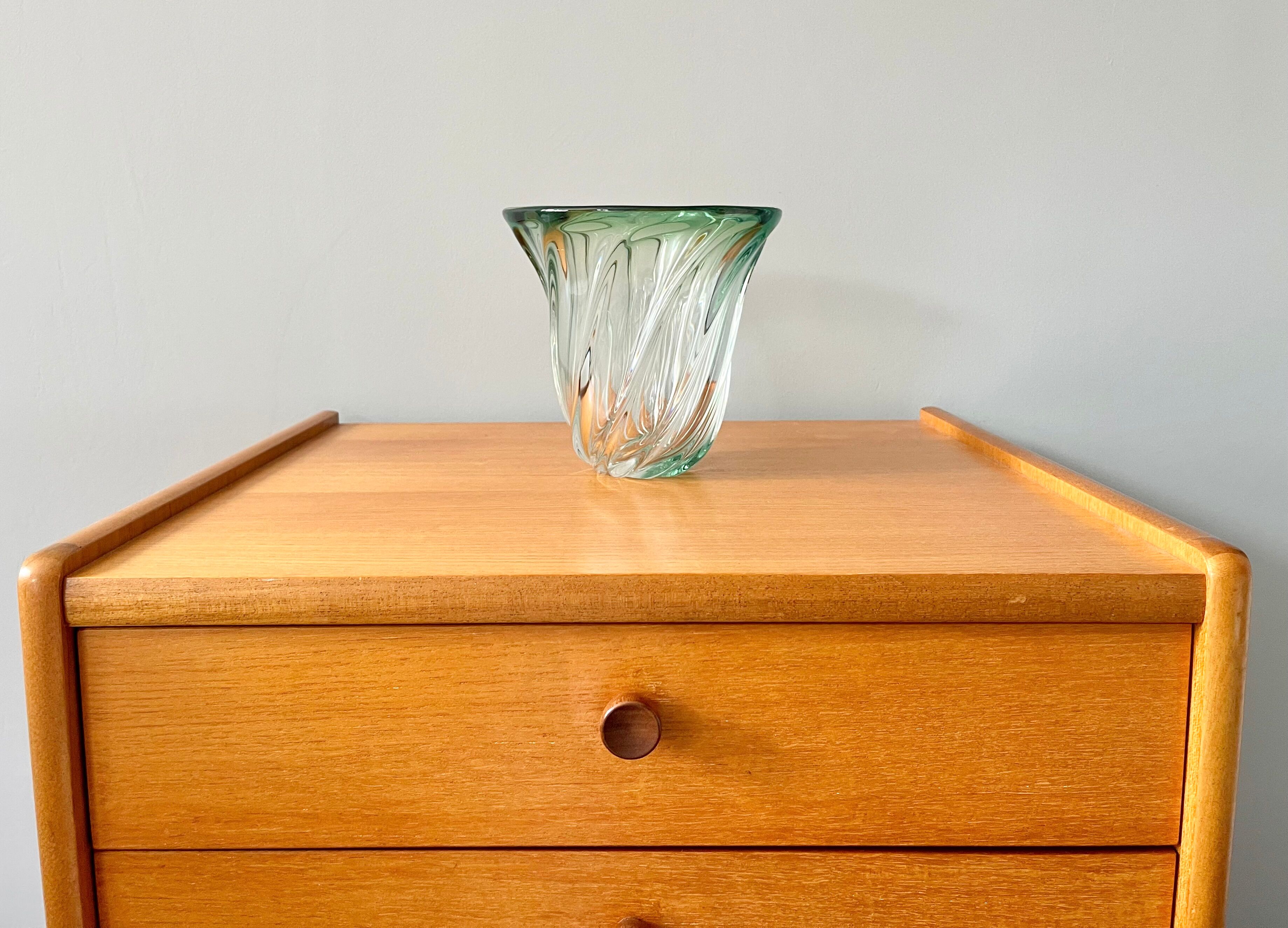 Val St Lambert Green Glass Vase from Belgium