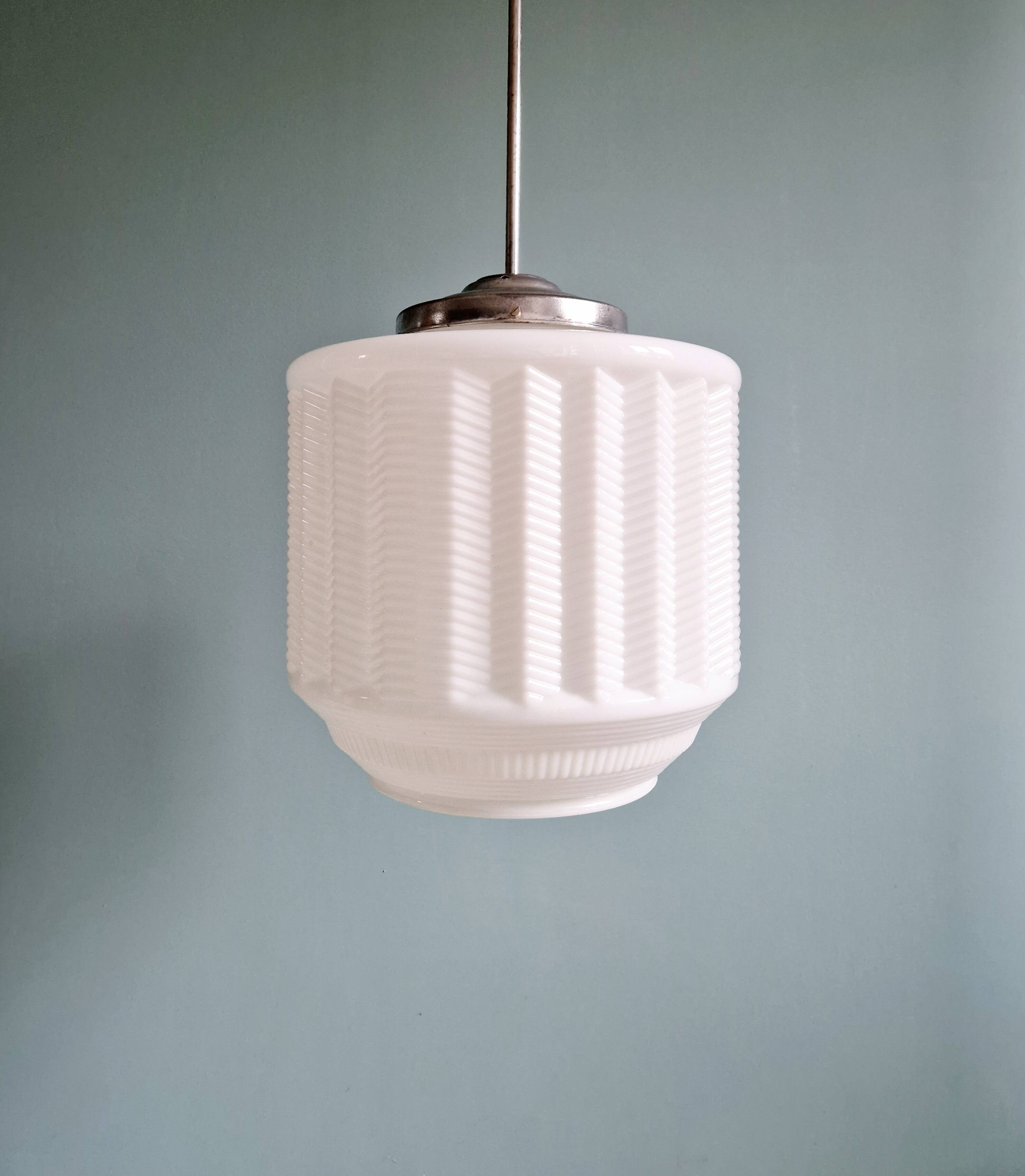 Large Art Deco pendant light in white opaline, 1920s-30s