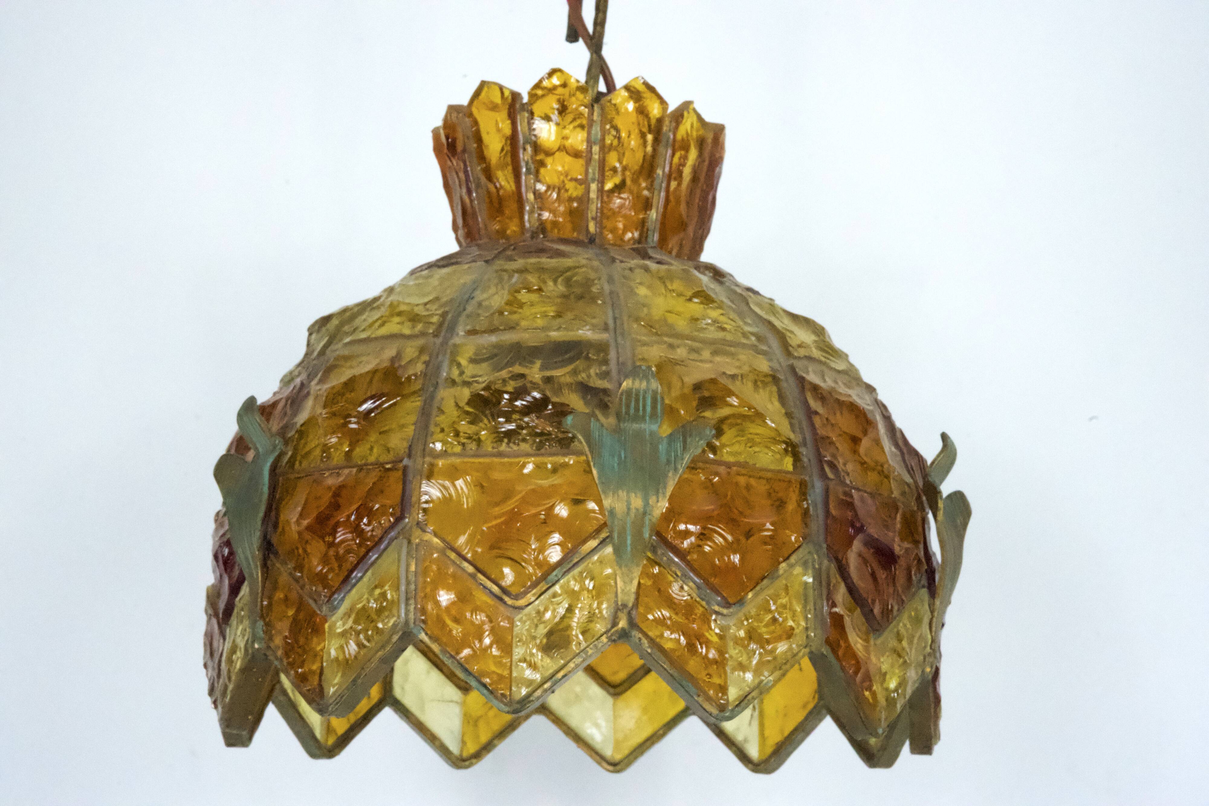 Brutalist Hammered Glass Chandelier by Longobard, Italy, 1970s