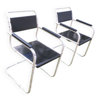 Pair of painted iron cantilever garden chairs 1930s