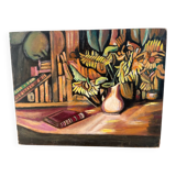 Still life, books and sunflowers, oil on panel