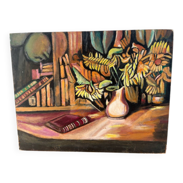 Still life, books and sunflowers, oil on panel
