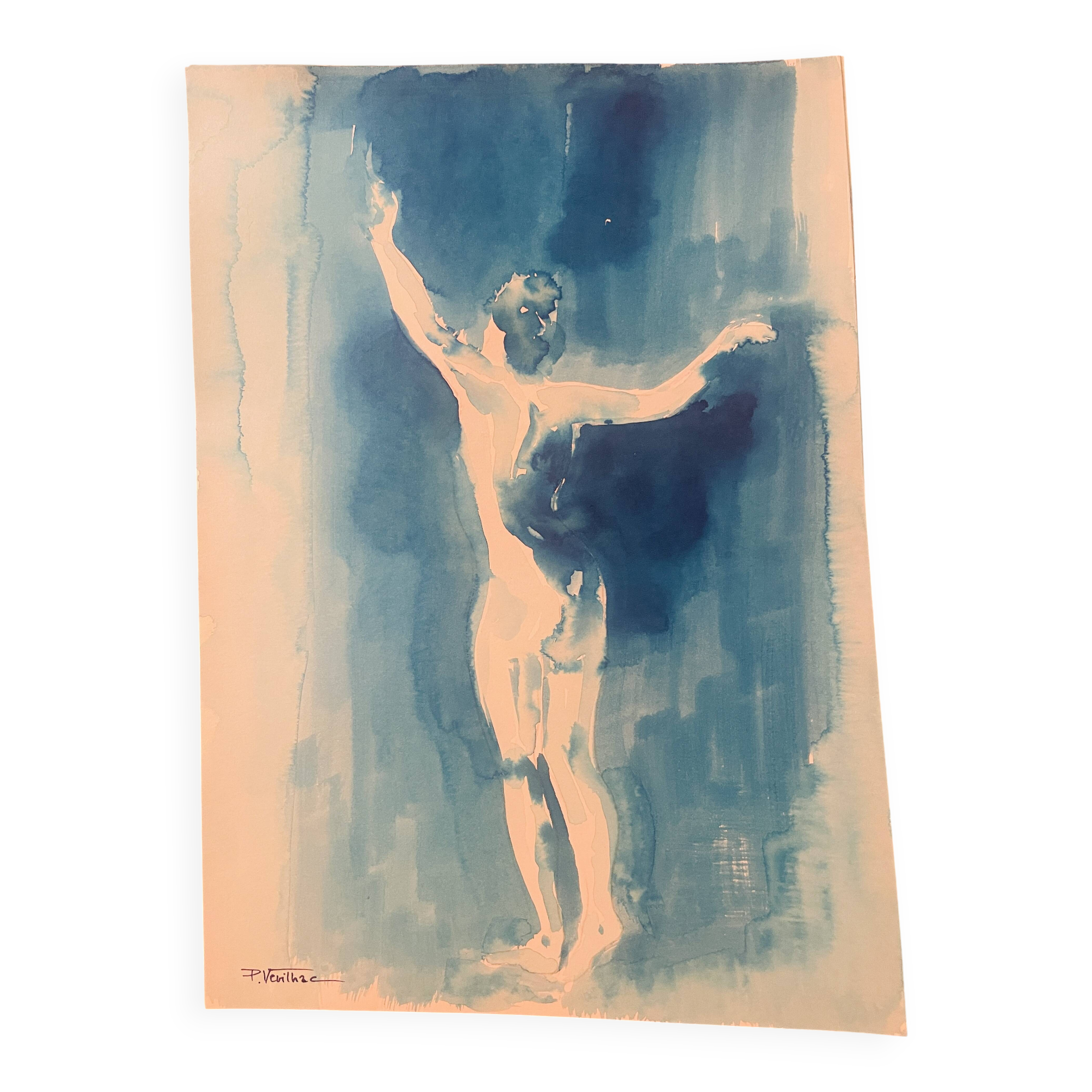 Monochrome blue watercolour tableau collection "Blue Lady" Dance, signed.