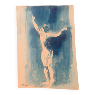 Monochrome blue watercolour tableau collection "Blue Lady" Dance, signed.