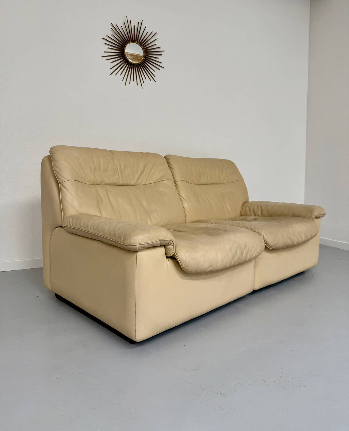 Old 2-seater beige leather sofa designed by Carl Larsson De Sede, vintage 80s