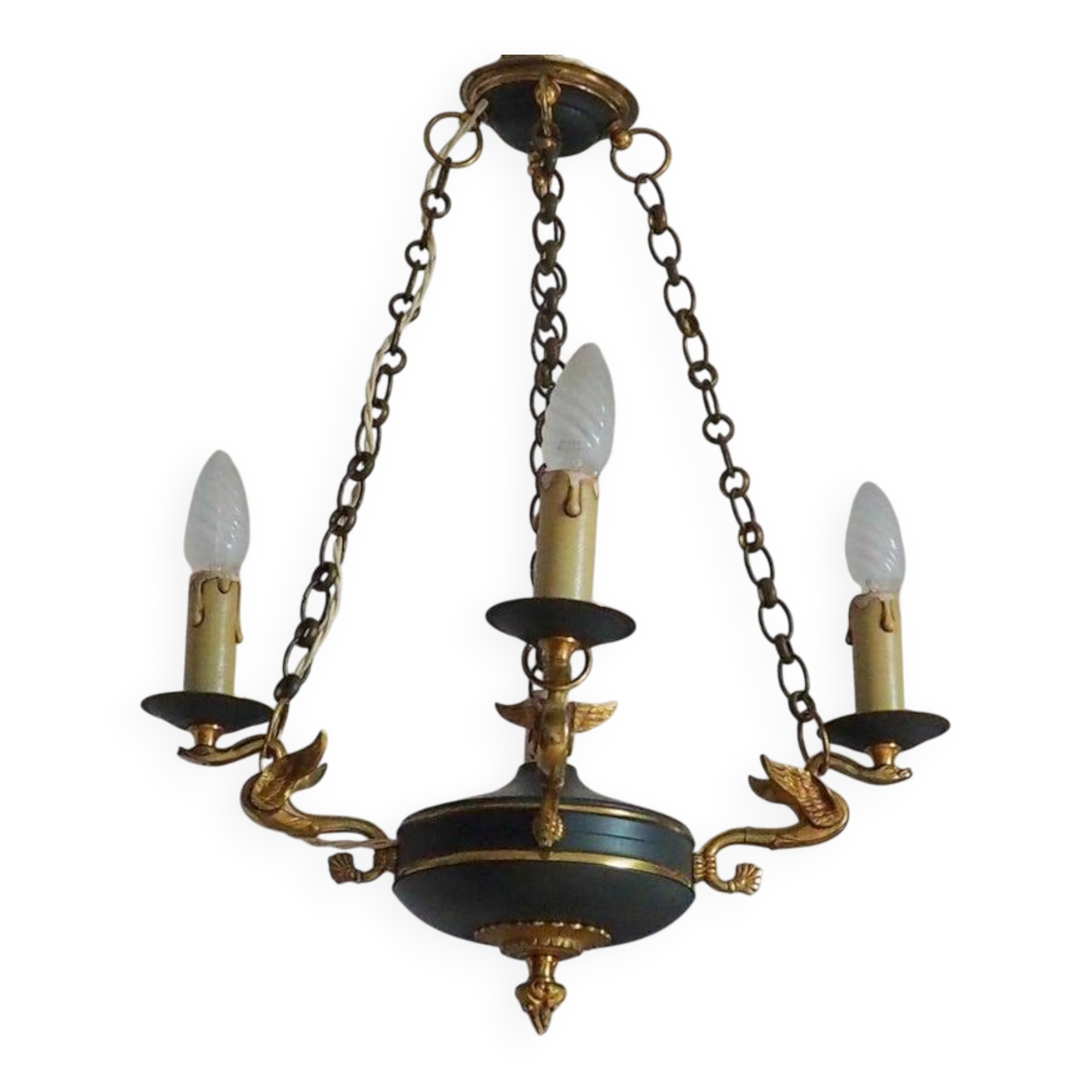 Vintage French Empire Swan Chandelier: Bronze Brass Toleware, C1950s