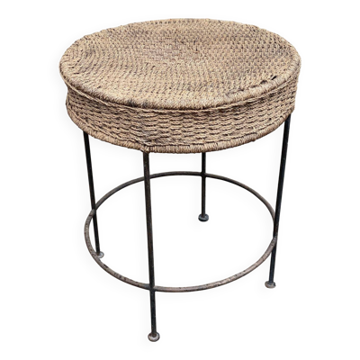 Table d'appoint ronde en paille tressée et acier noir