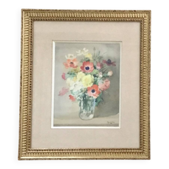 Aquarelle Bouquet anémones et oeillets Marcel Gendre