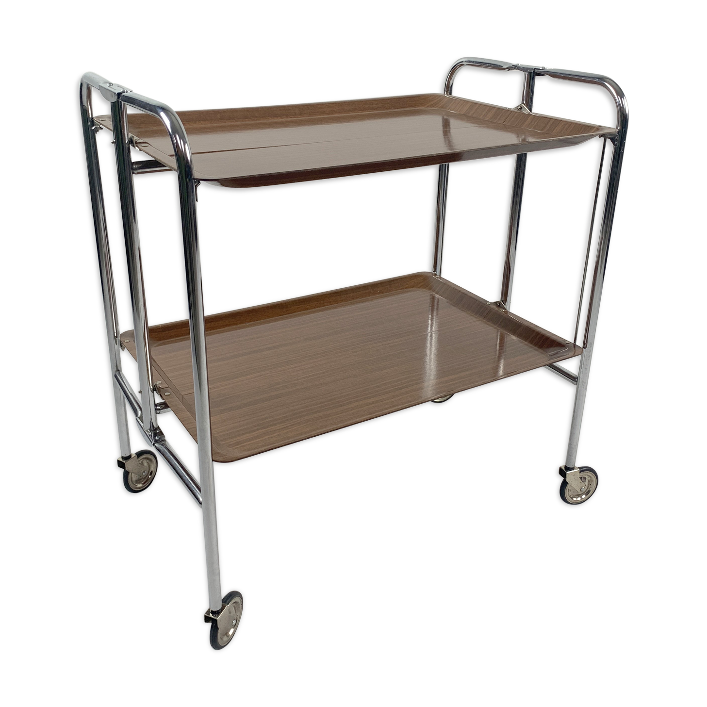 Chrome and laminated wood folding serving trolley, 1950
