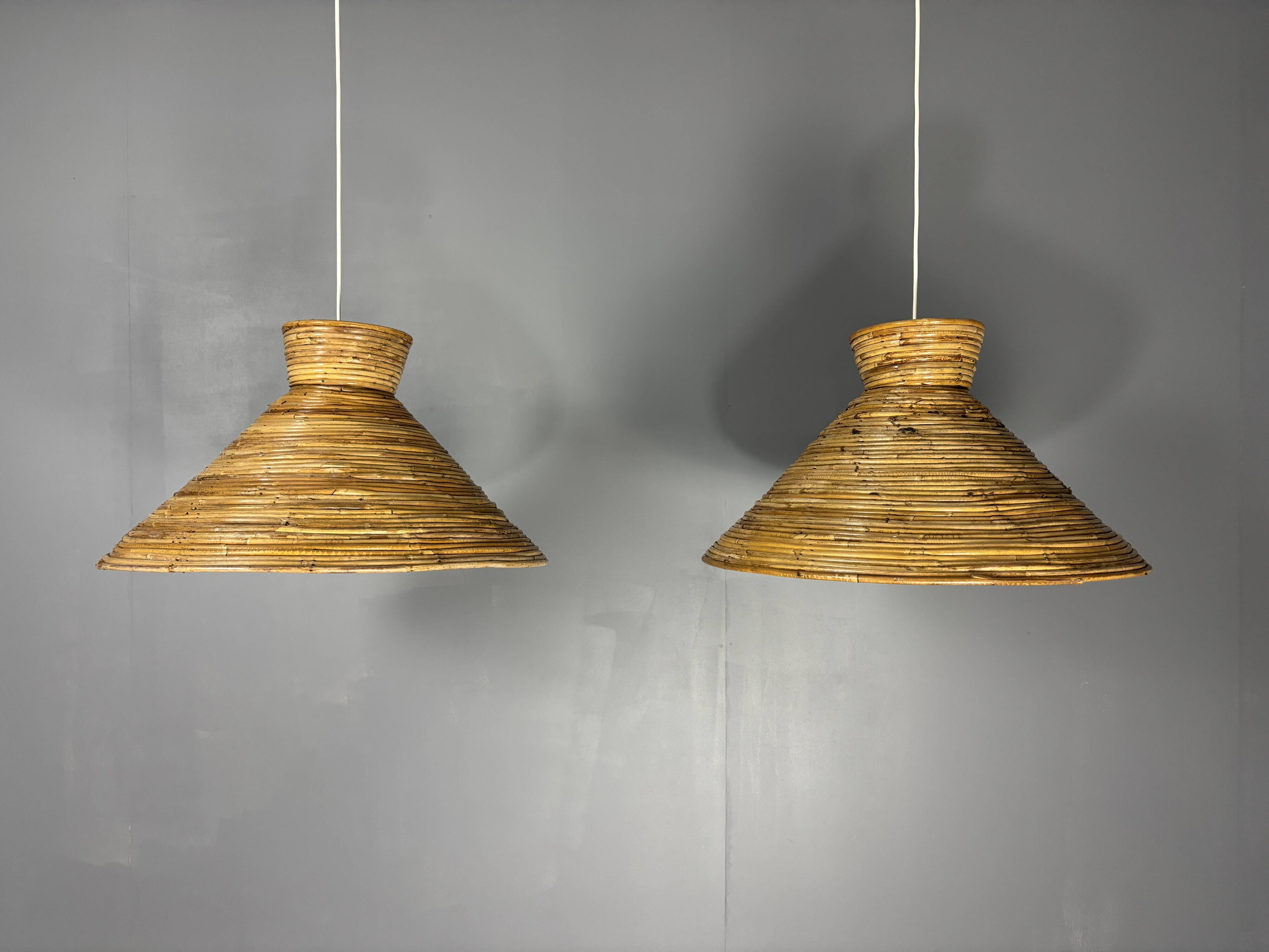 Midcentury pair pencil rattan large ( 62 cm ) pendants, Italy 1970s