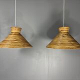 Midcentury pair pencil rattan large ( 62 cm ) pendants, Italy 1970s