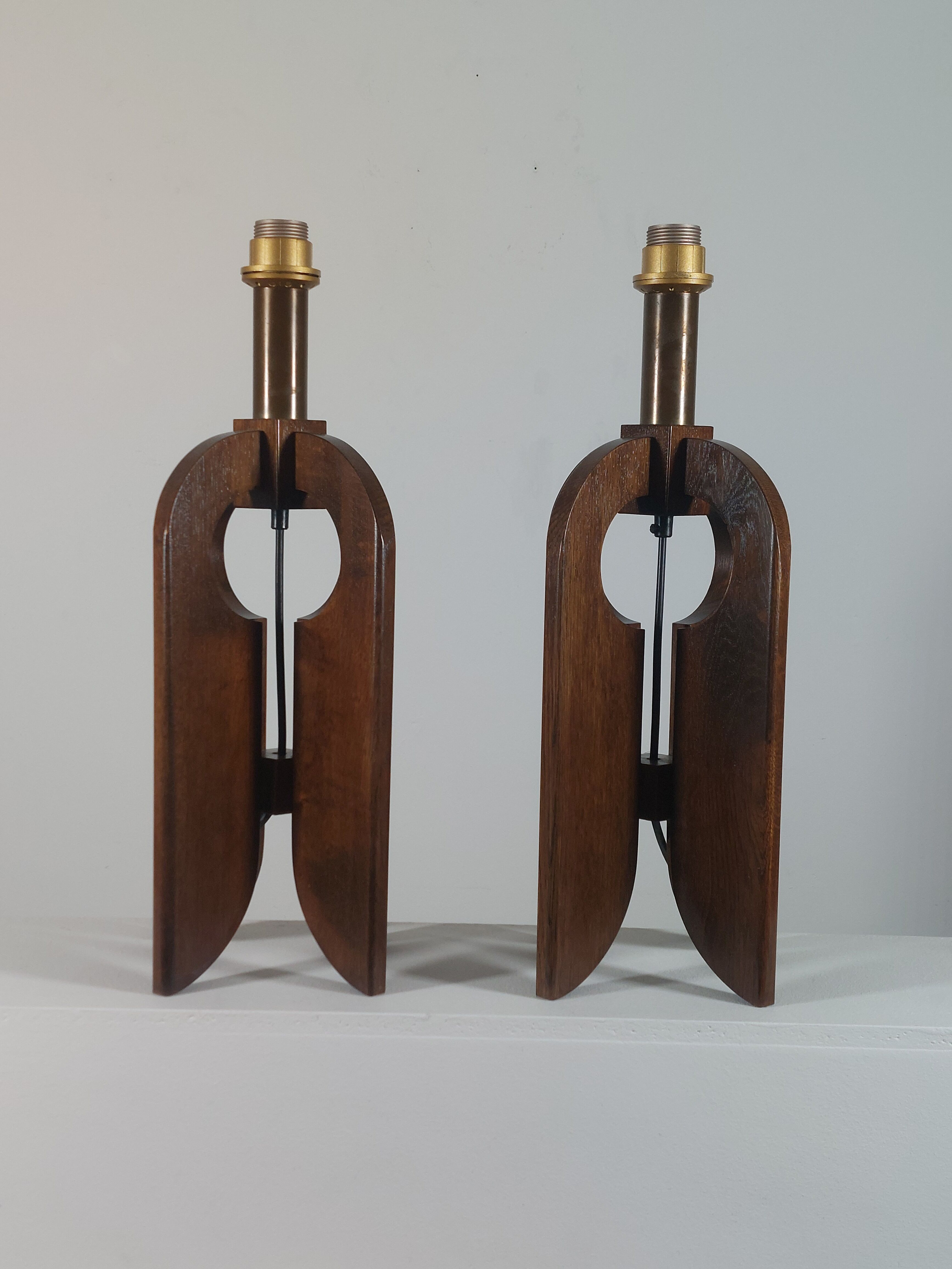 Very rare vintage pair of wooden table lamps by Temde