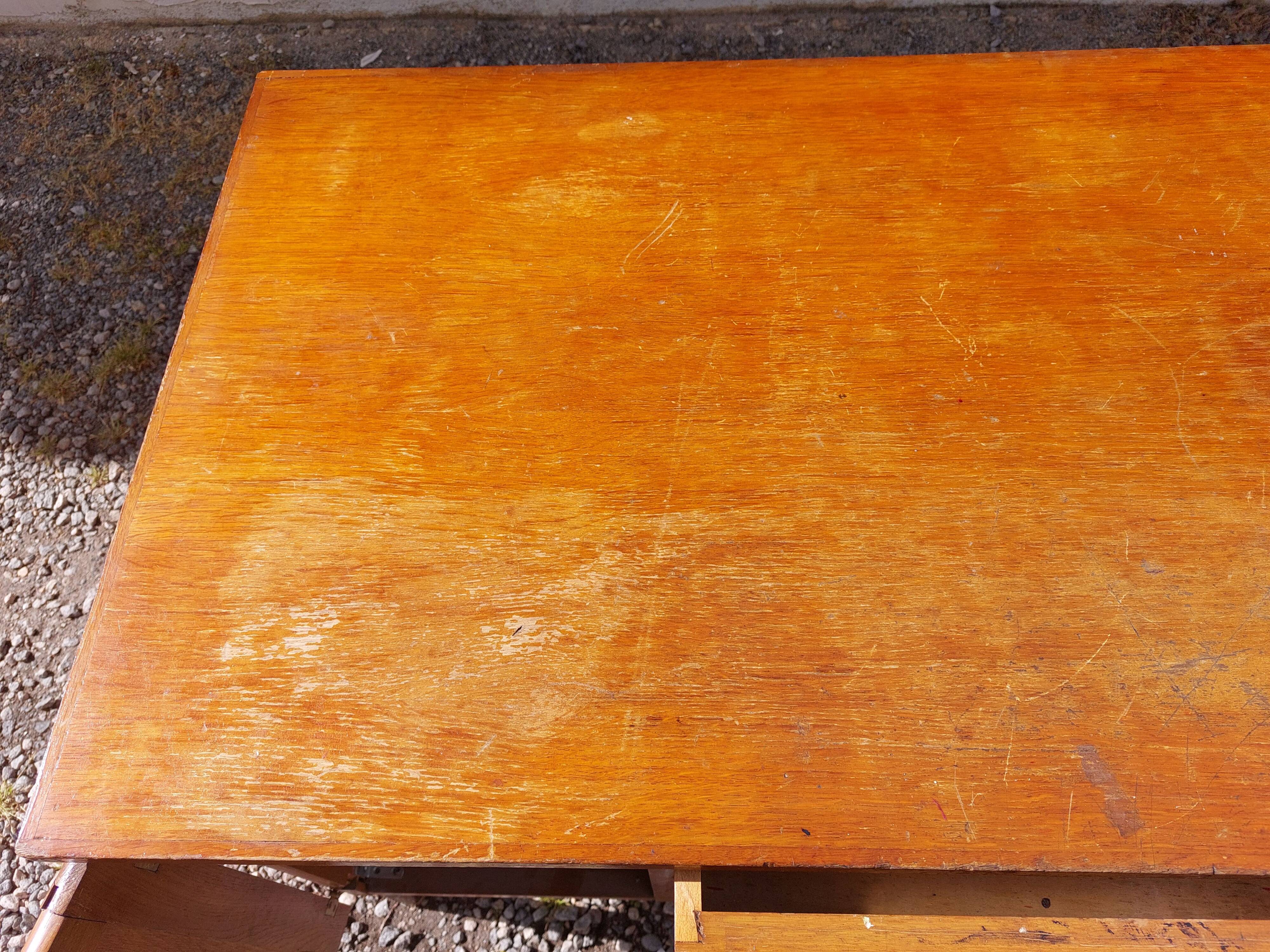 schoolmaster's desk, wood and metal, with drawers and cupboard