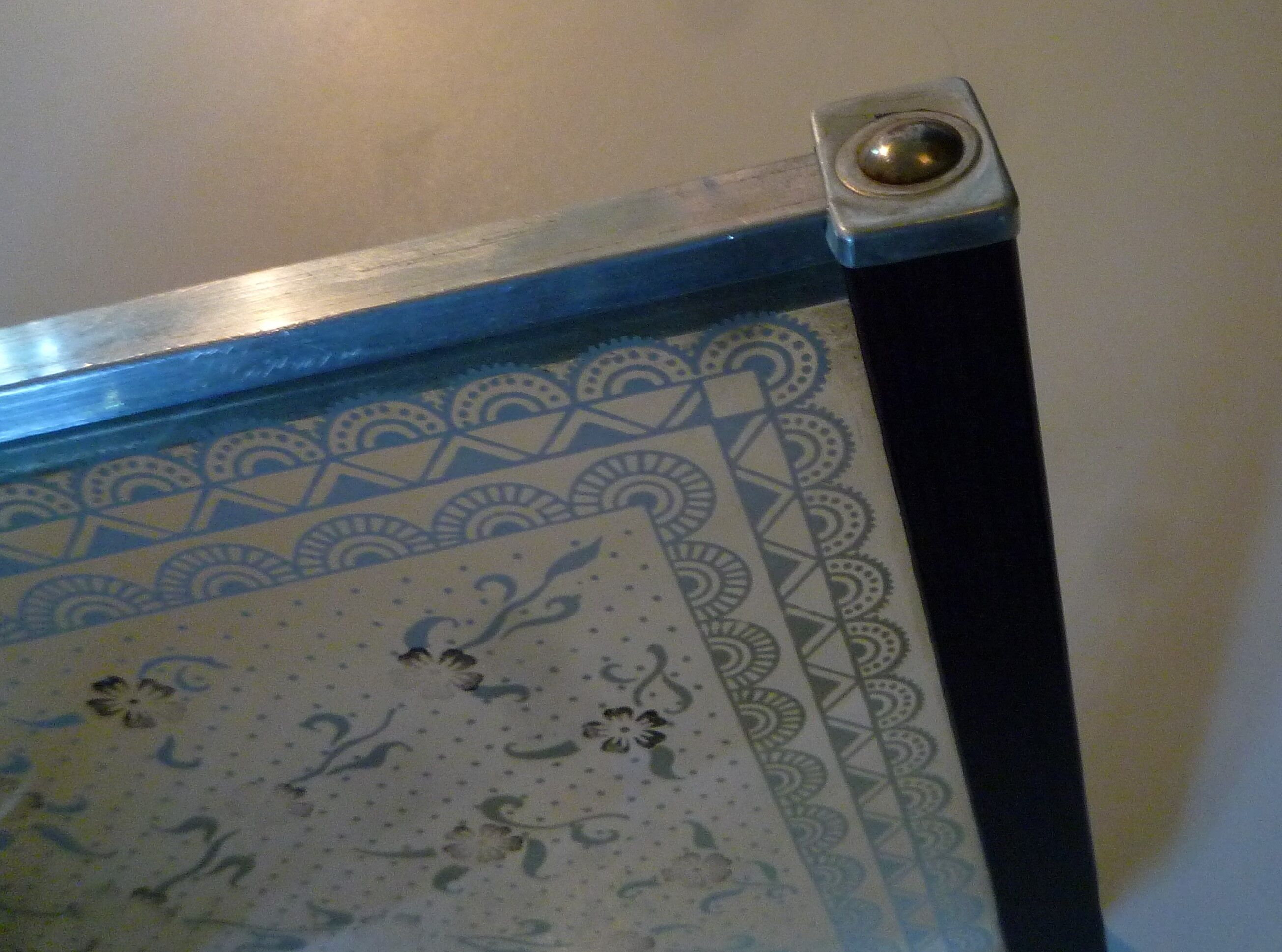 Silkscreened glass and wood tray vintage 50s