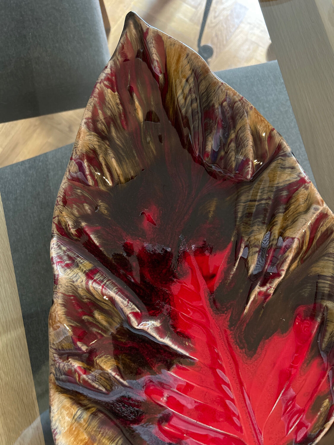 Large ceramic slipware leaf platter
