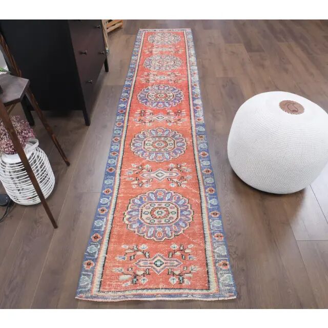 Vintage Turkish handmade wool cotton red runner 65x315