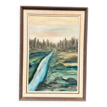 Huile sur toile originale suédoise – “Ruisseau à travers la forêt” par M.N – Signée – Vintage et encadrée – 59 × 42 cm (23,2" x 16,5")