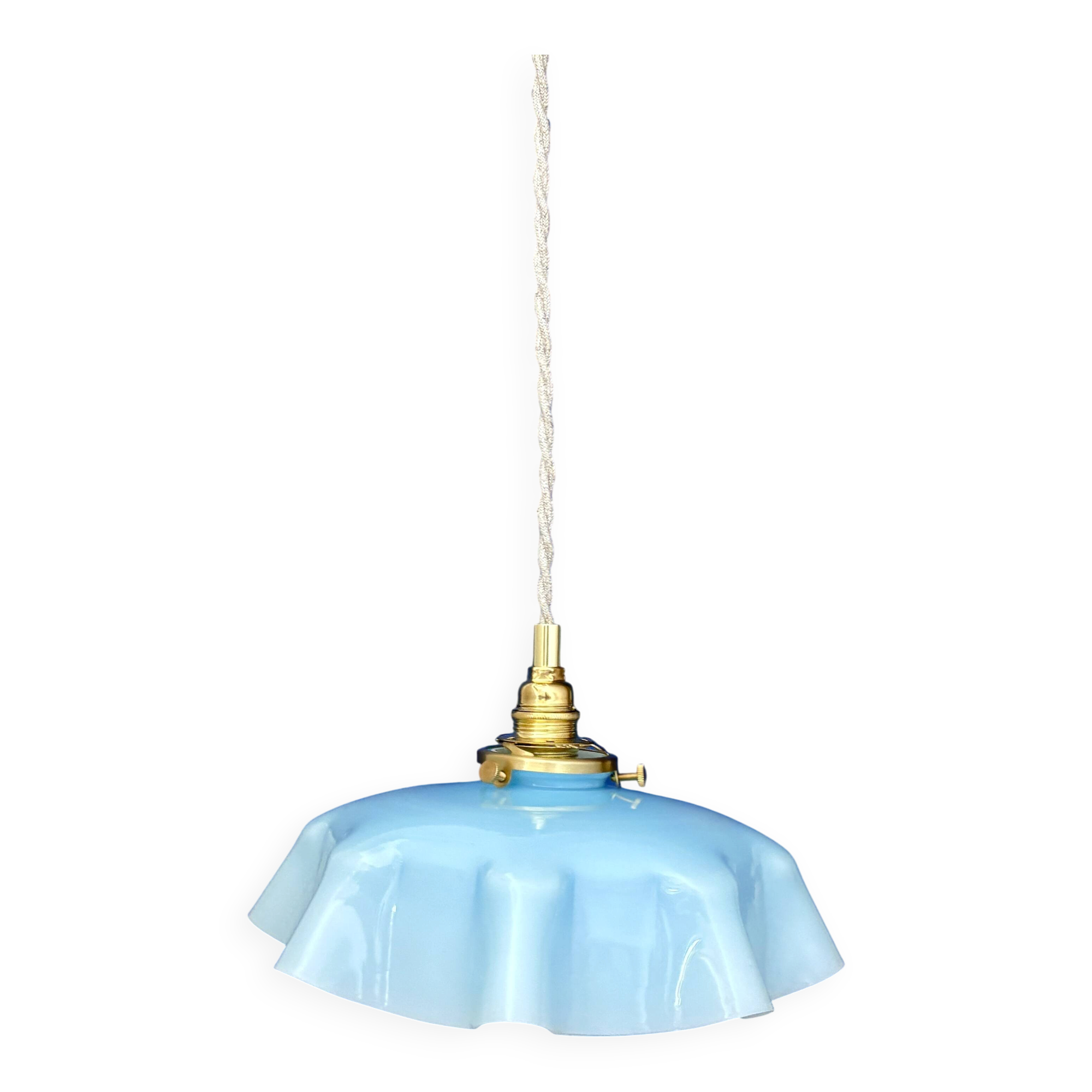 Suspension abat-jour vintage en opaline bleue