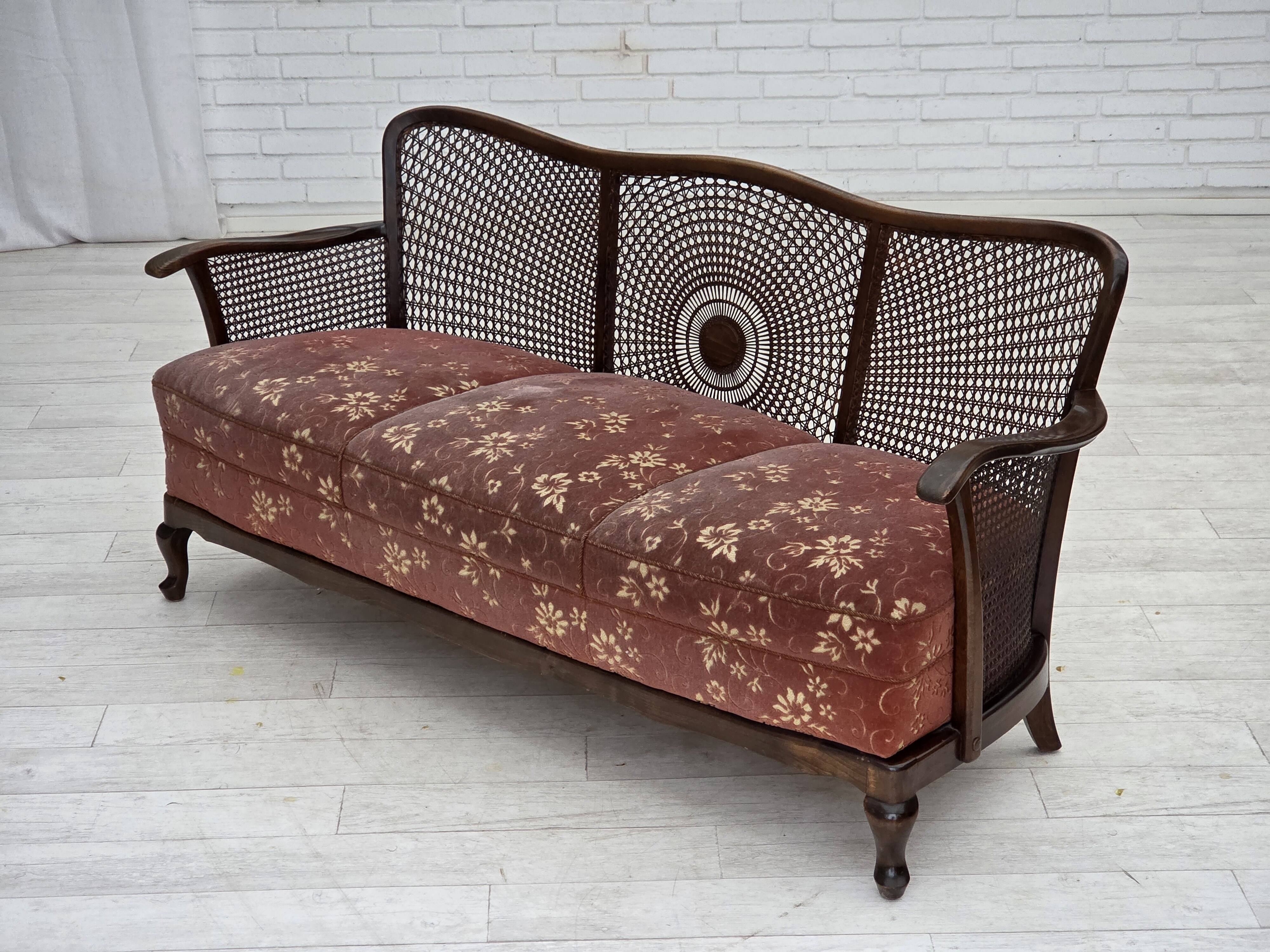 1950s, Danish 3-seater sofa, salmon/pink velour, furniture mesh.