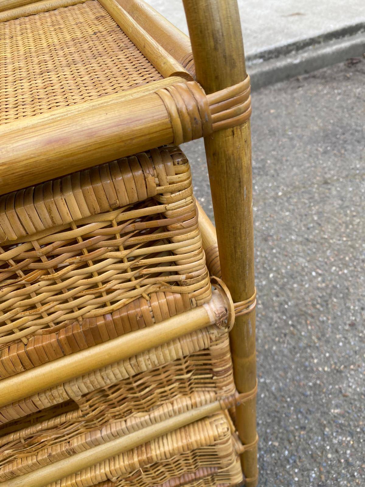 Vintage bamboo and woven rattan chest of drawers with 4 drawers.