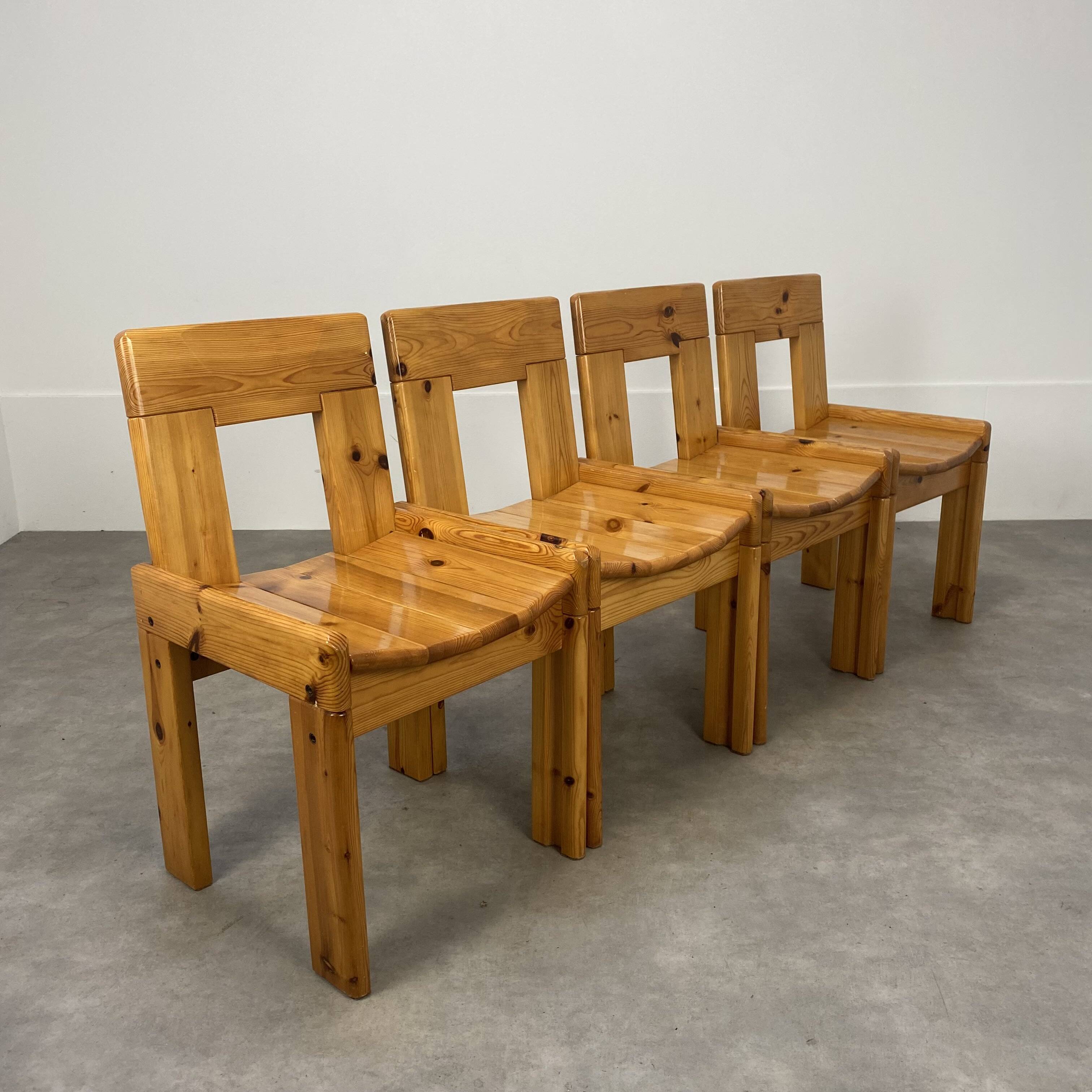 4 brutalist chairs by Silvio Coppola for Roche Bobois, solid pine