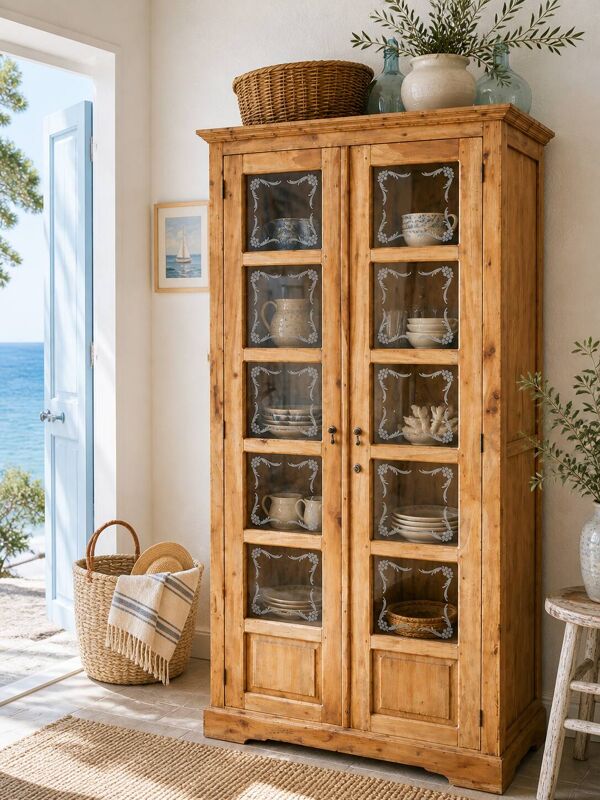 Armoire parisienne en bois brut et vitres gravées 1920