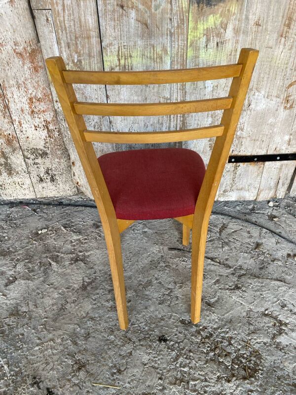 Chaise Ancienne Scandinave Hêtre + Assise Tissu Rouge Vintage 60’s